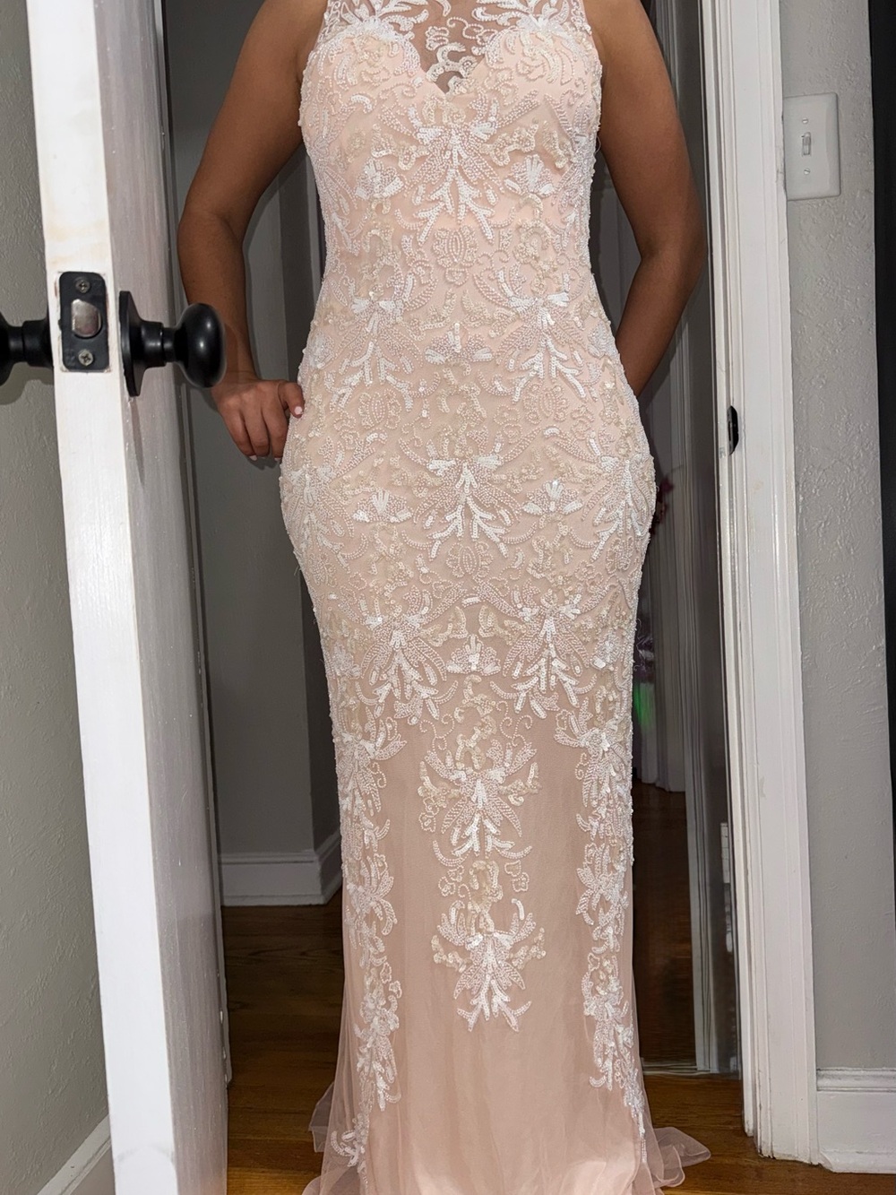 Scala Blush Pink Lace Beaded Illusion Evening Gown